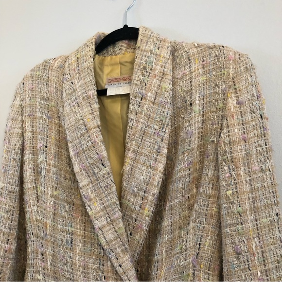 Vintage Alma Italy Tan & Pastel Tweed Power Blazer 90s Shoulder Pads 44 M - Picture 5 of 12